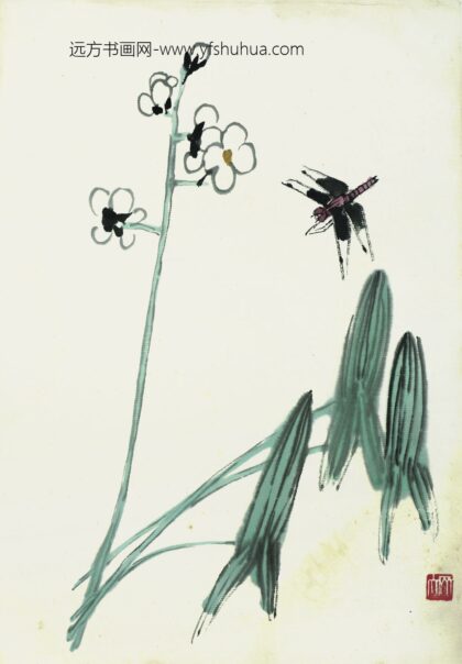 齐白石 叶隐闻声 花卉工笔草虫册 兰草黑蜂.jpg