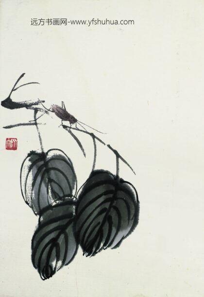齐白石 叶隐闻声 花卉工笔草虫册 墨叶草虫.jpg
