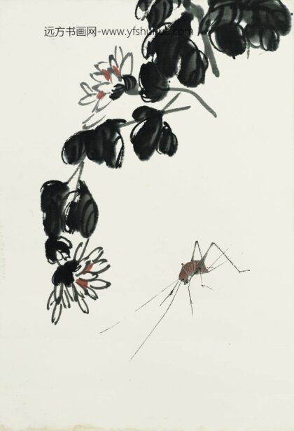 齐白石 叶隐闻声 花卉工笔草虫册 墨菊蚊.jpg