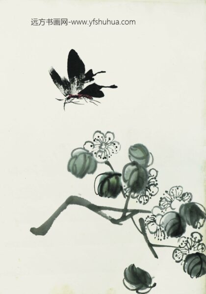 齐白石 叶隐闻声 花卉工笔草虫册 木芙蓉黑蝶.jpg