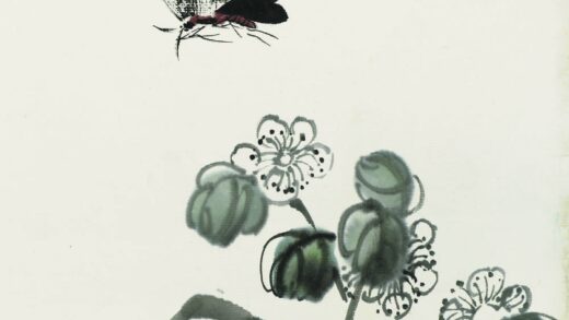 齐白石 叶隐闻声 花卉工笔草虫册 木芙蓉黑蝶.jpg
