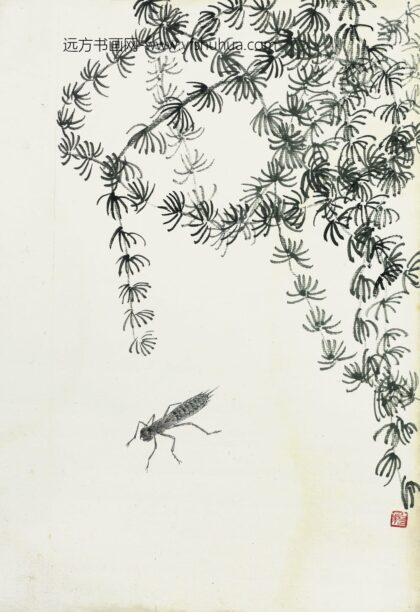 齐白石 叶隐闻声 花卉工笔草虫册 松枝草虫.jpg