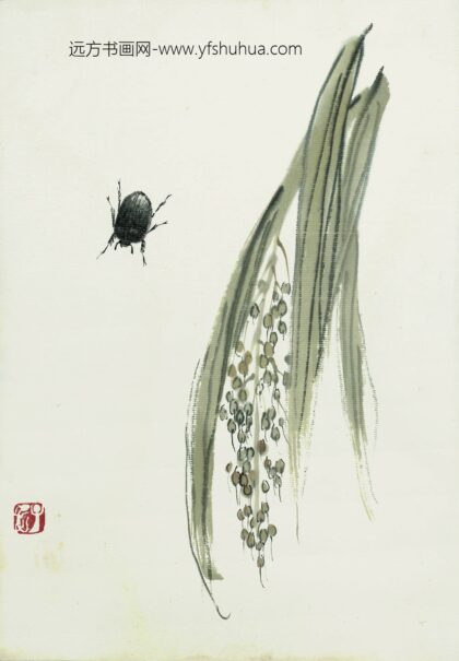 齐白石 叶隐闻声 花卉工笔草虫册 稻穗甲虫.jpg