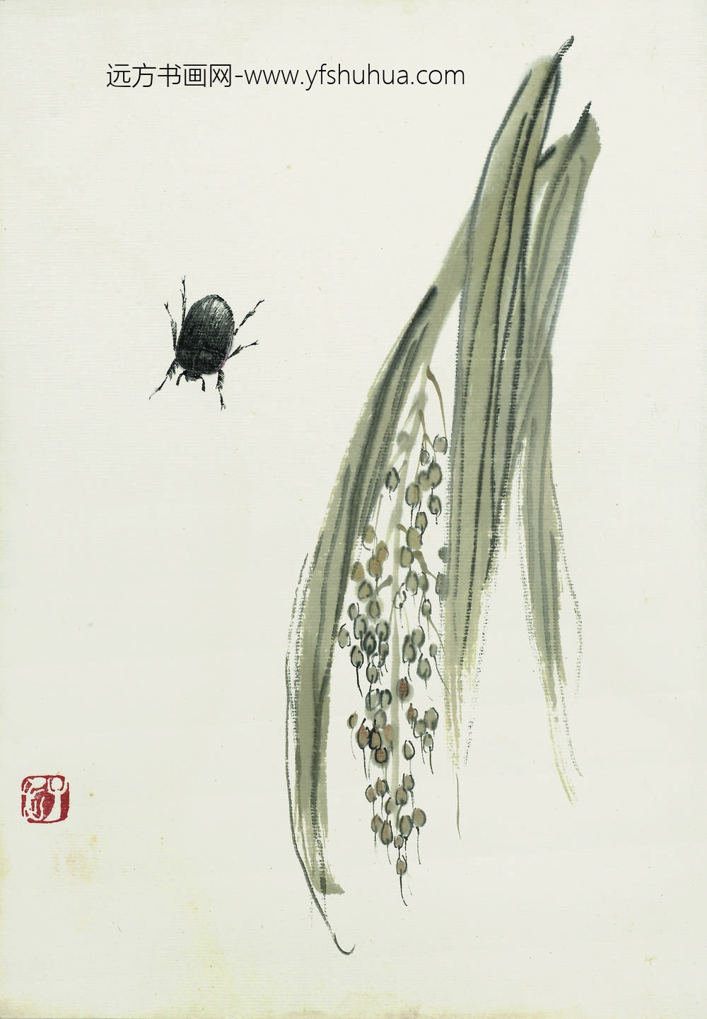 齐白石_叶隐闻声-花卉工笔草虫册-稻穗甲虫