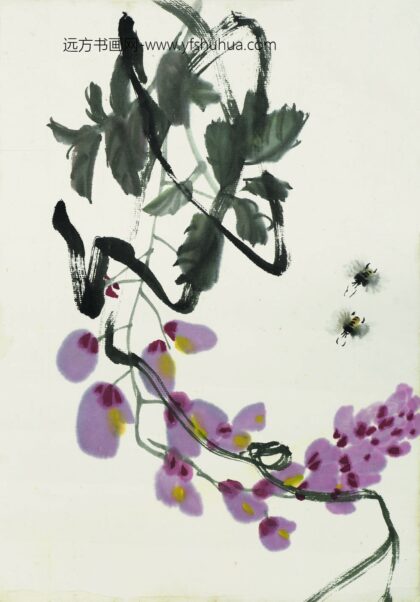 齐白石 叶隐闻声 花卉工笔草虫册 紫藤双蜂.jpg