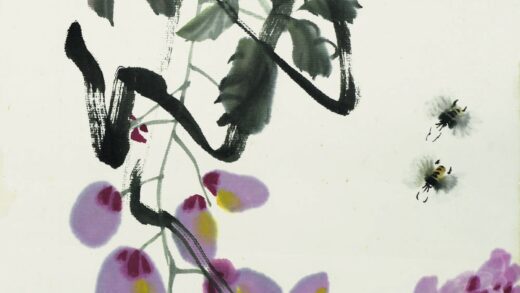 齐白石 叶隐闻声 花卉工笔草虫册 紫藤双蜂.jpg