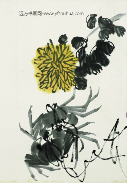 齐白石 叶隐闻声 花卉工笔草虫册 黄菊双蟹.jpg