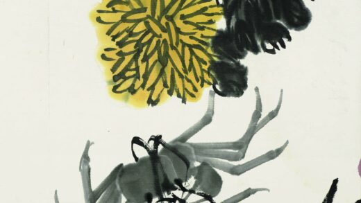齐白石 叶隐闻声 花卉工笔草虫册 黄菊双蟹.jpg