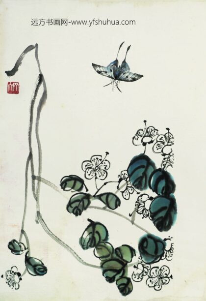 齐白石 叶隐闻声 花木工笔草虫册 绣球蝴蝶.jpg