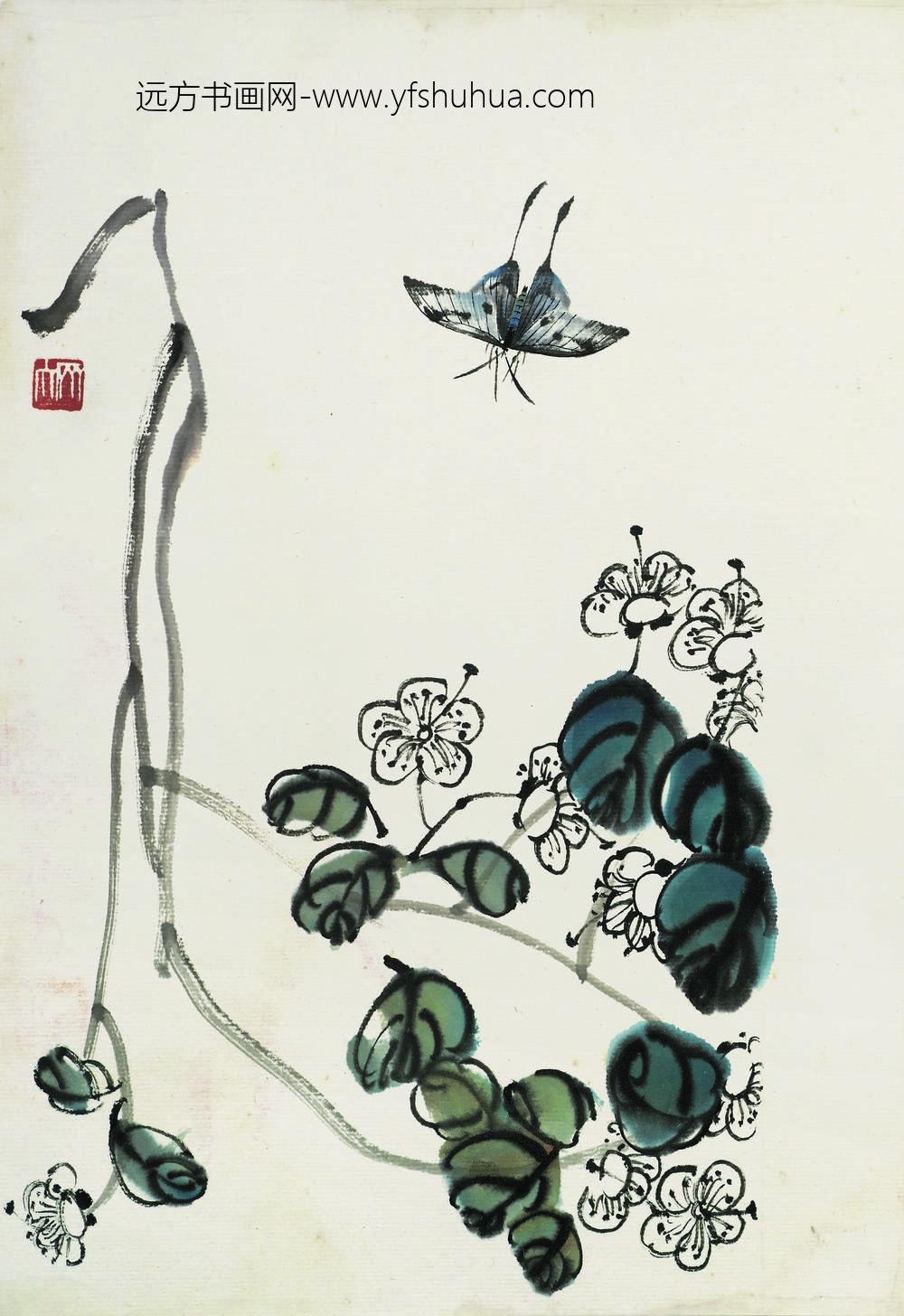 齐白石_叶隐闻声-花木工笔草虫册-绣球蝴蝶