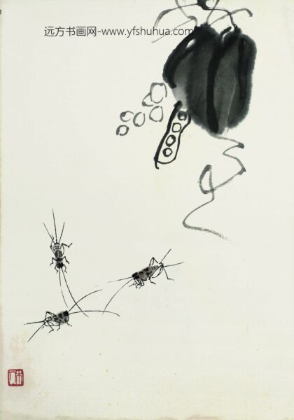 齐白石 叶隐闻声 蔬果工笔草虫册 扁豆蟋蟀.jpg