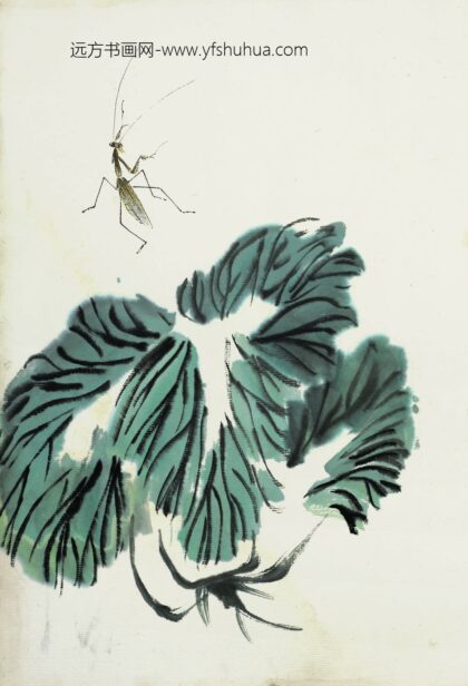 齐白石 叶隐闻声 蔬果工笔草虫册 芋叶螳螂.jpg