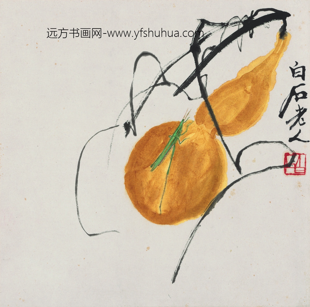 齐白石_花果草虫册-葫芦螳螂图