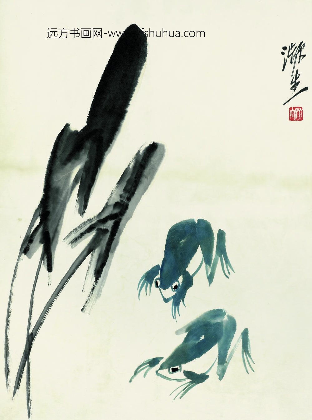 齐白石_鱼虾册页之双蛙菖蒲