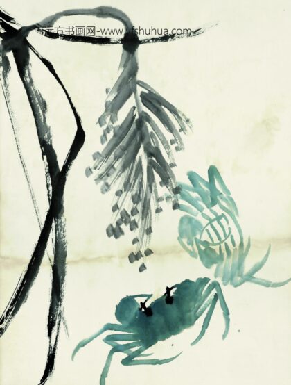 齐白石 鱼虾册页芦苇双青蟹.jpg
