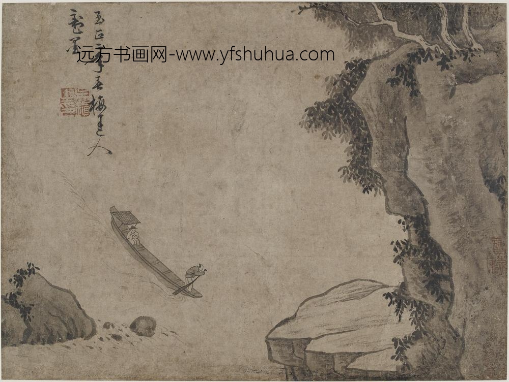 吴镇_危崖急流泛舟图