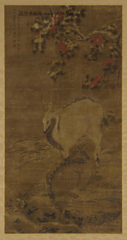 周渊 雪山茶梅双鹿图.jpg