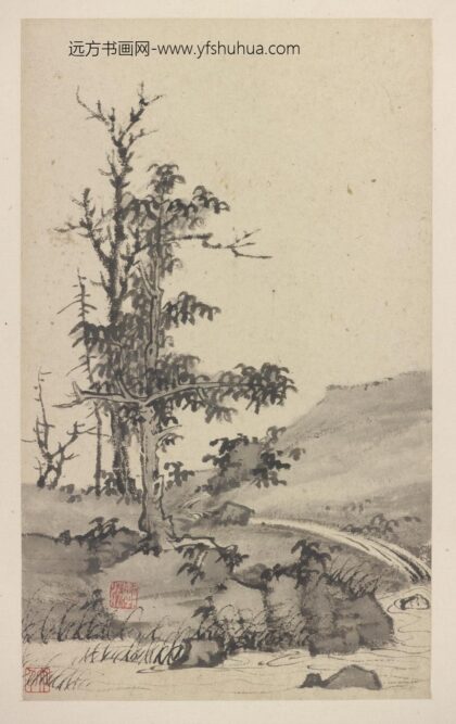 弘仁 沣水山水册 溪岸古木图.jpg