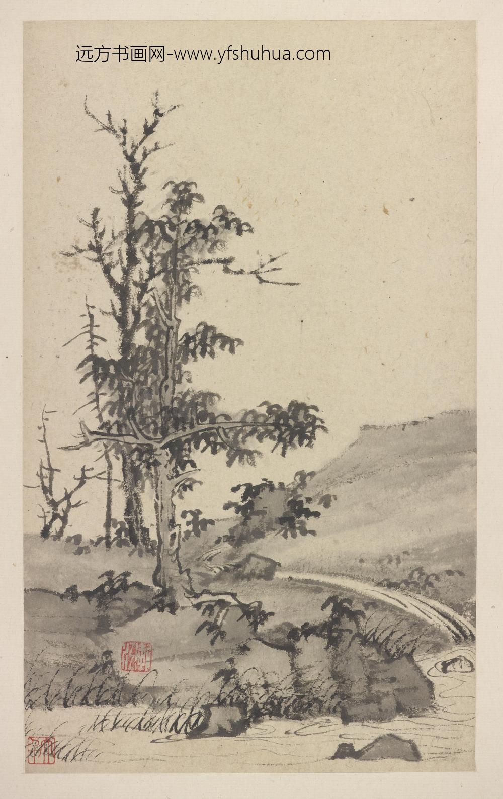 弘仁_沣水山水册-溪岸古木图