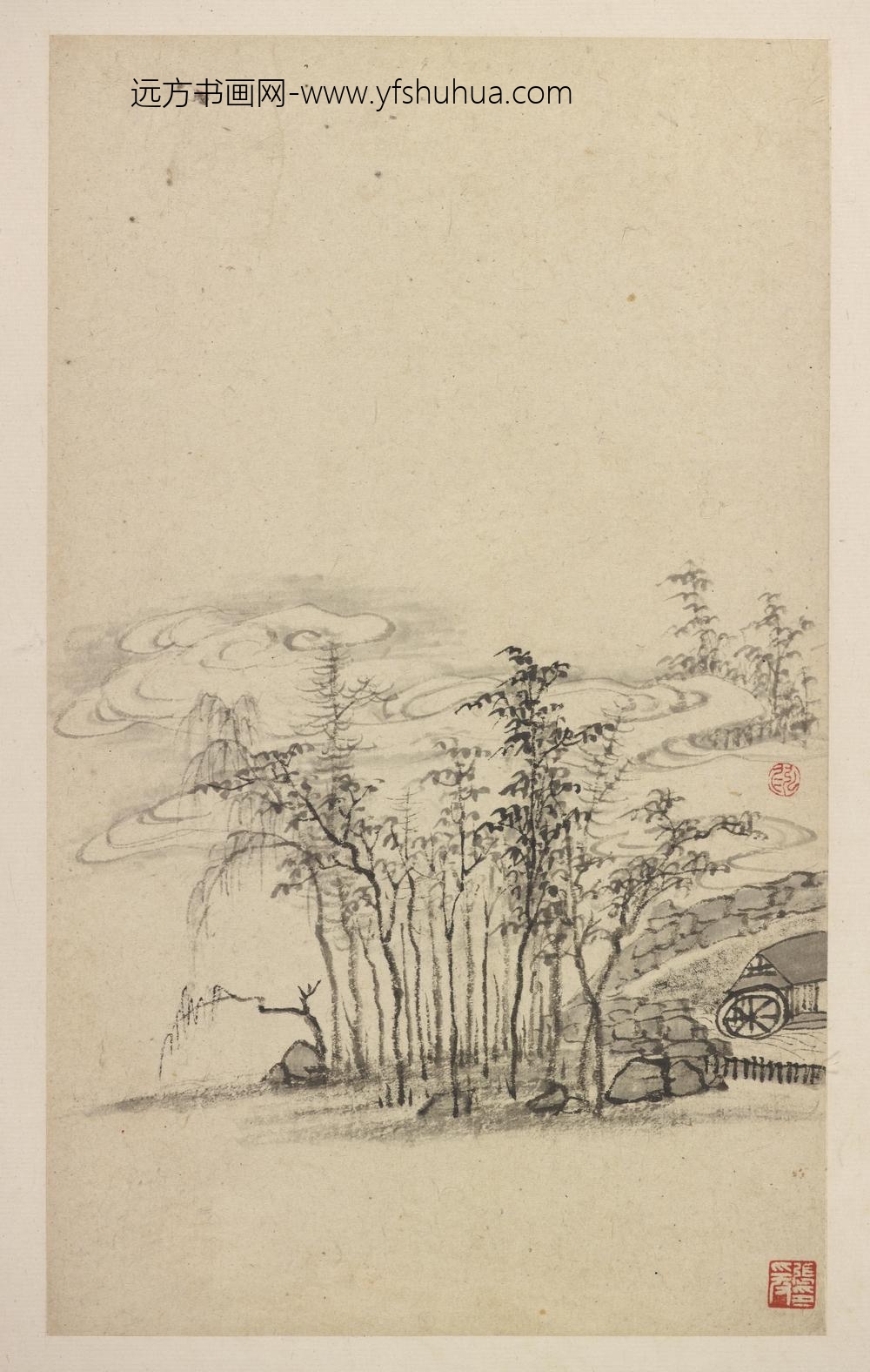 弘仁_沣河山水册-疏林水碓图