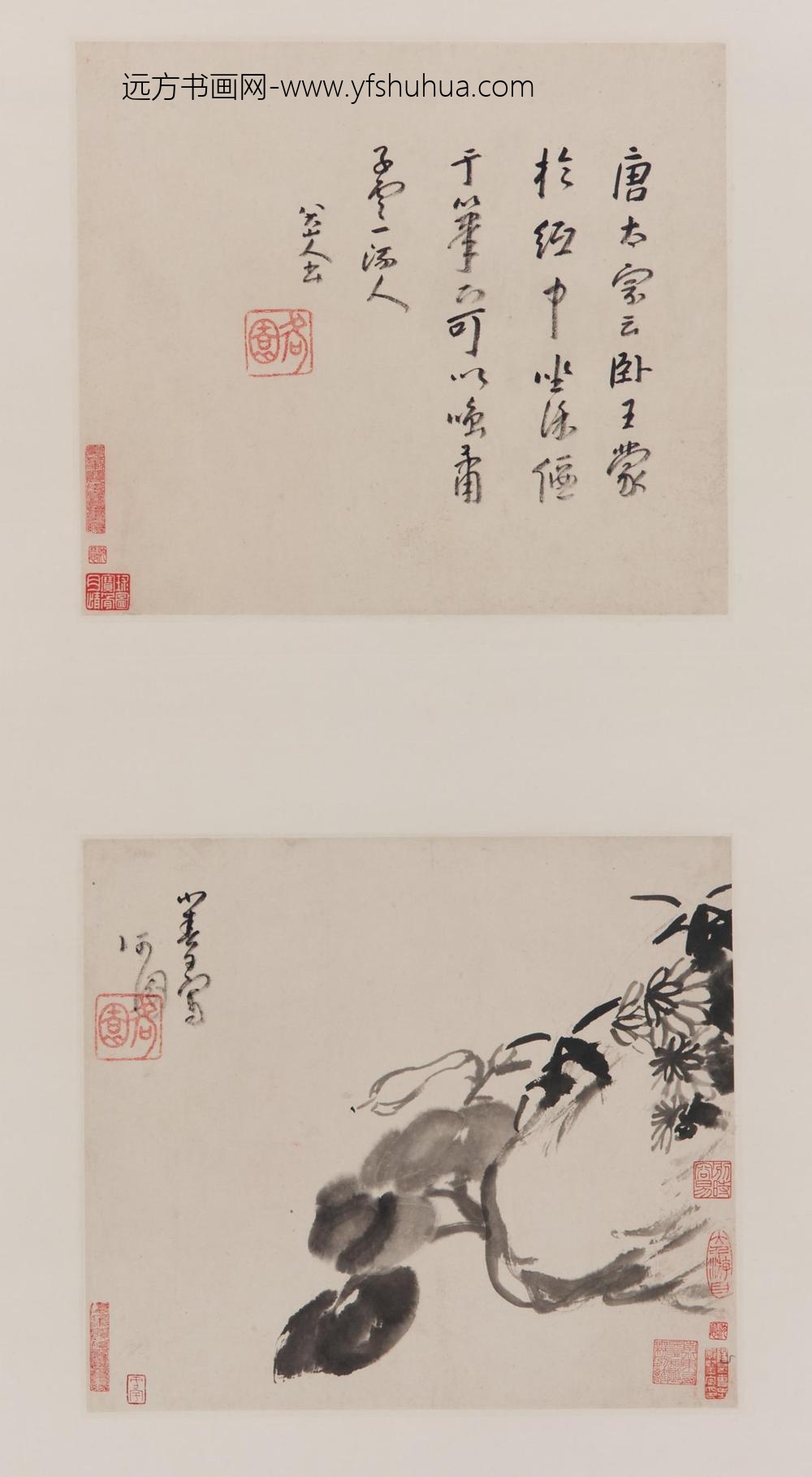 朱耷_玉簪花图并草书节录姜夔《续书谱》(册页两开裱轴)