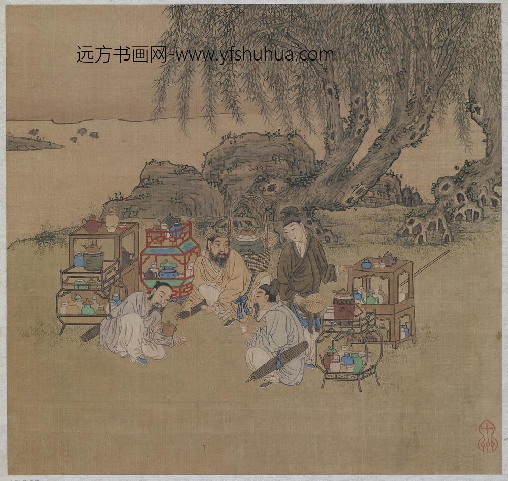 柳下品茗山水图