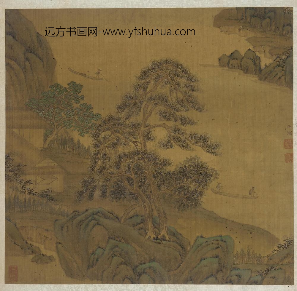 沈颢灏_江村松屋渔艇图