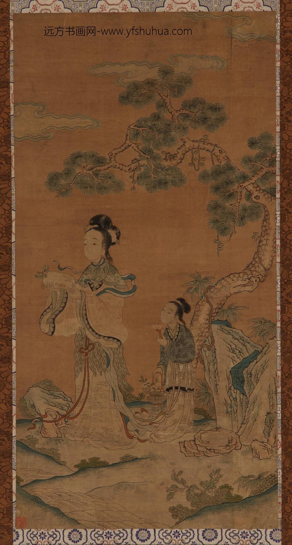 缂丝松树下女仙侍从图