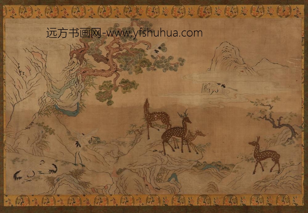 缂丝松桃鹿鹤山水图