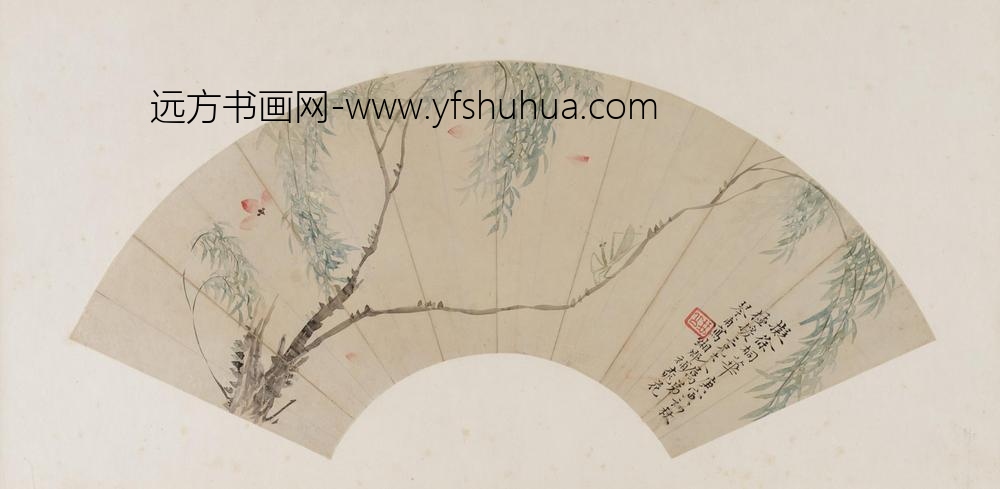袁桐_桃花柳枝螳螂图