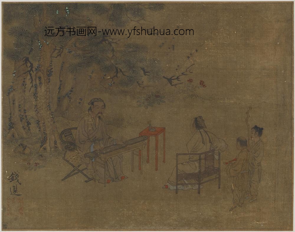 钱选_松下抚琴图