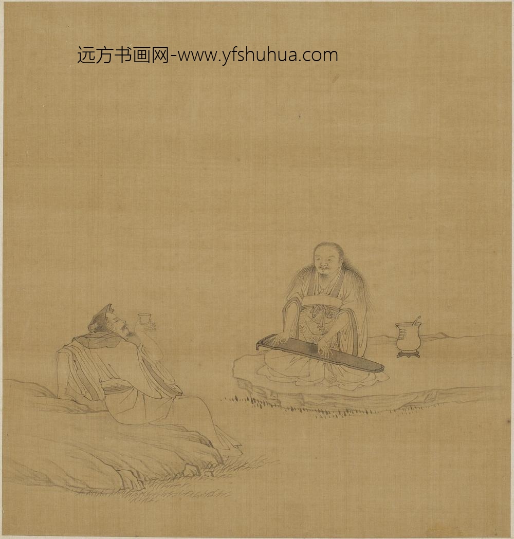 钱选_溪畔对坐抚琴酌酒图