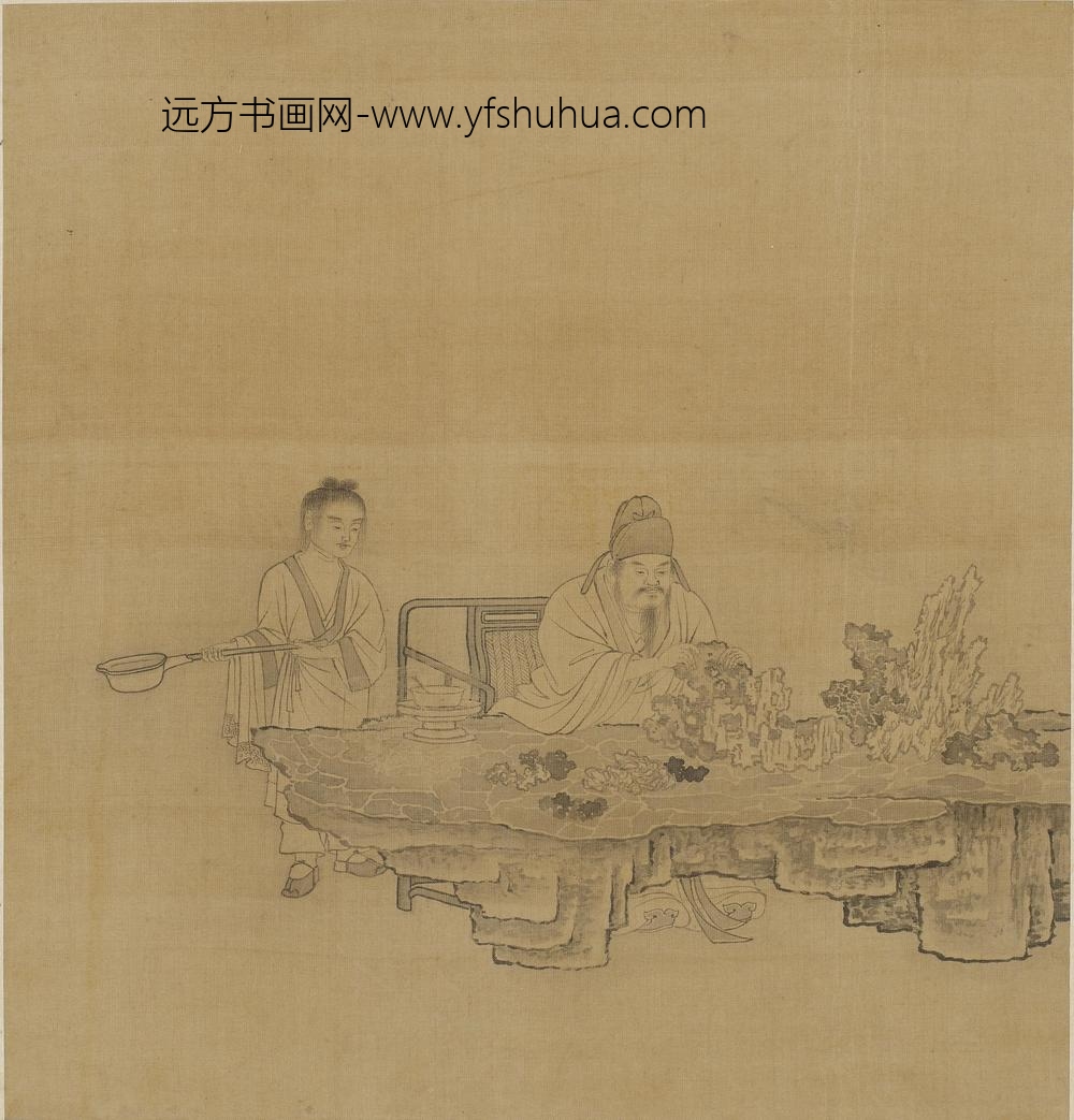 钱选_石案独坐侍童图