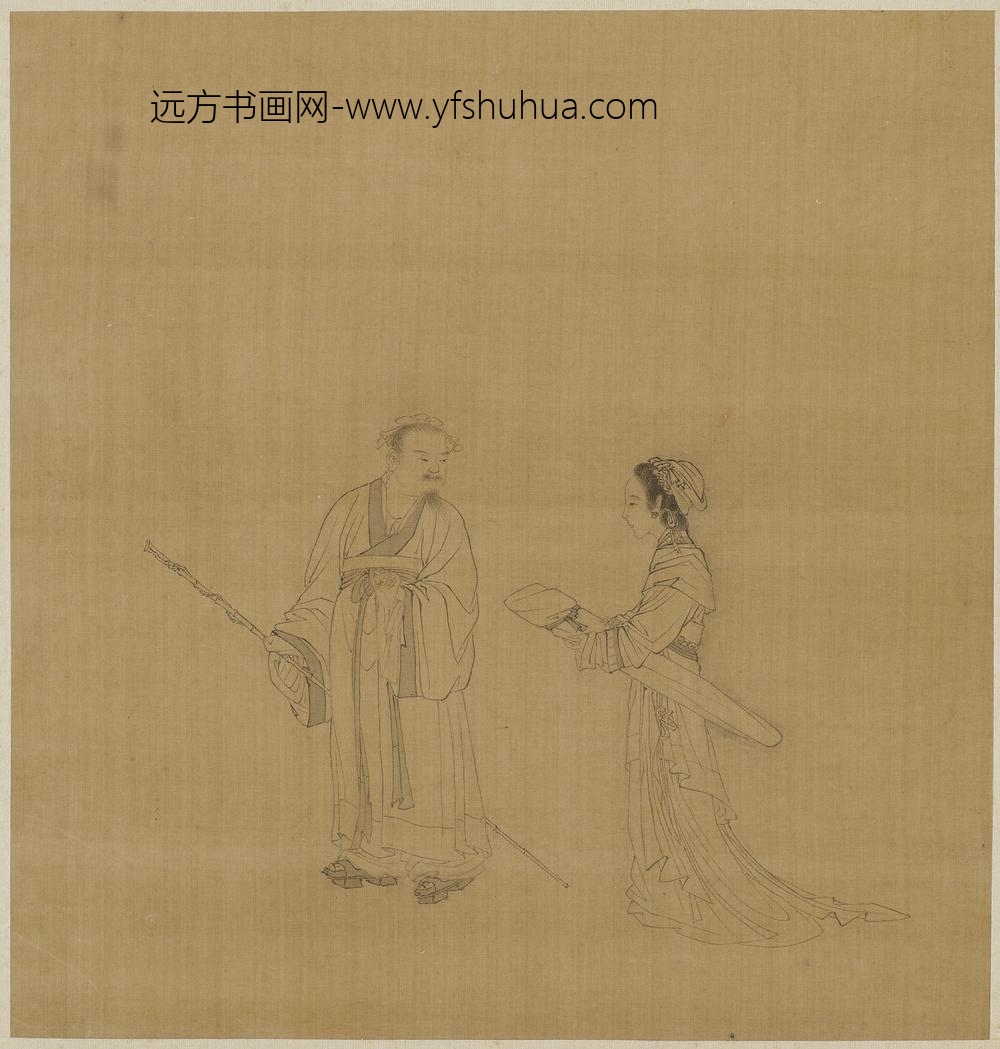 钱选_老翁持杖少妇抱琴图