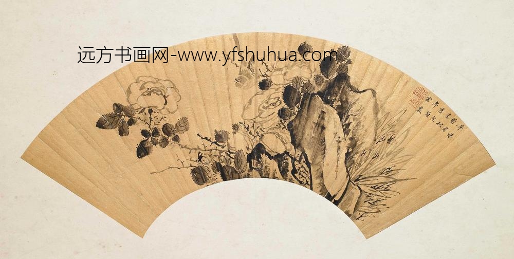 周云襄_禽鸟花石扇面