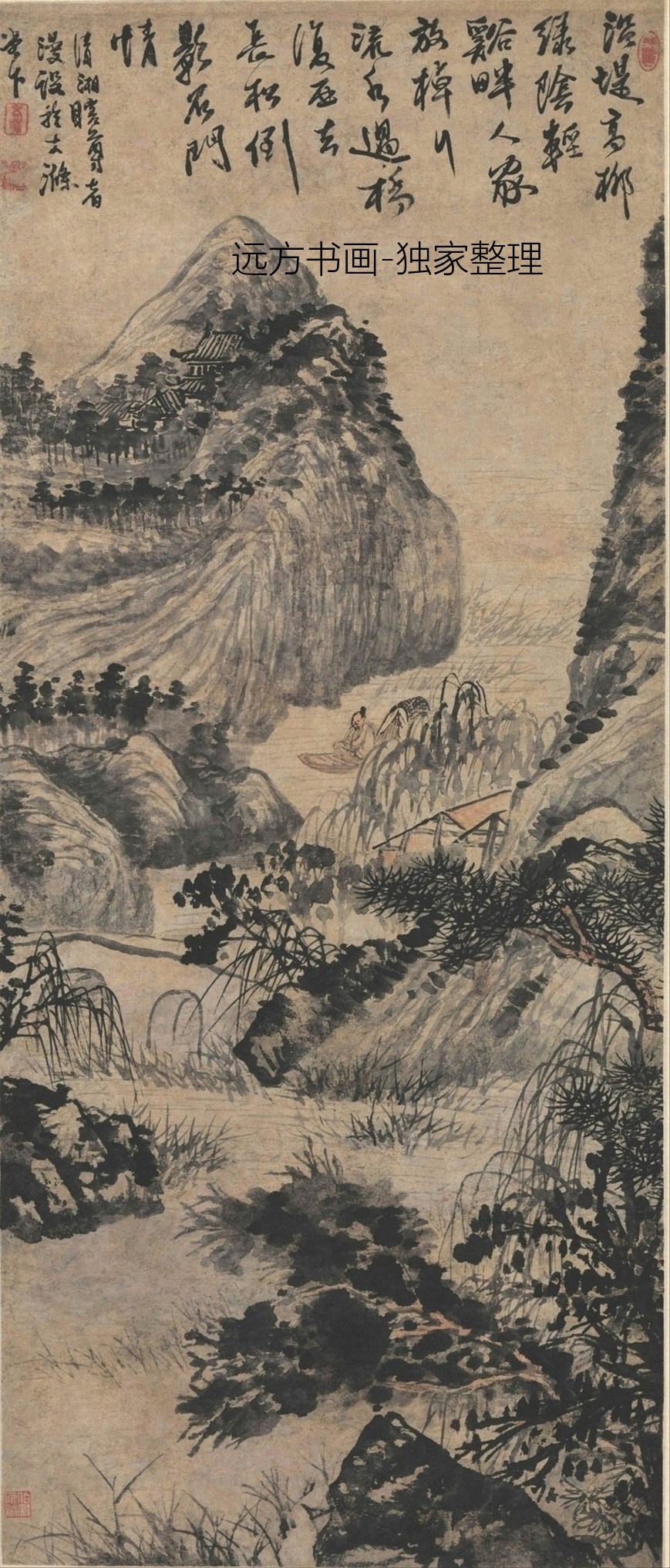 清朝代【石涛】《柳溪行舟图》TIF高清大图中国画古画素材下载