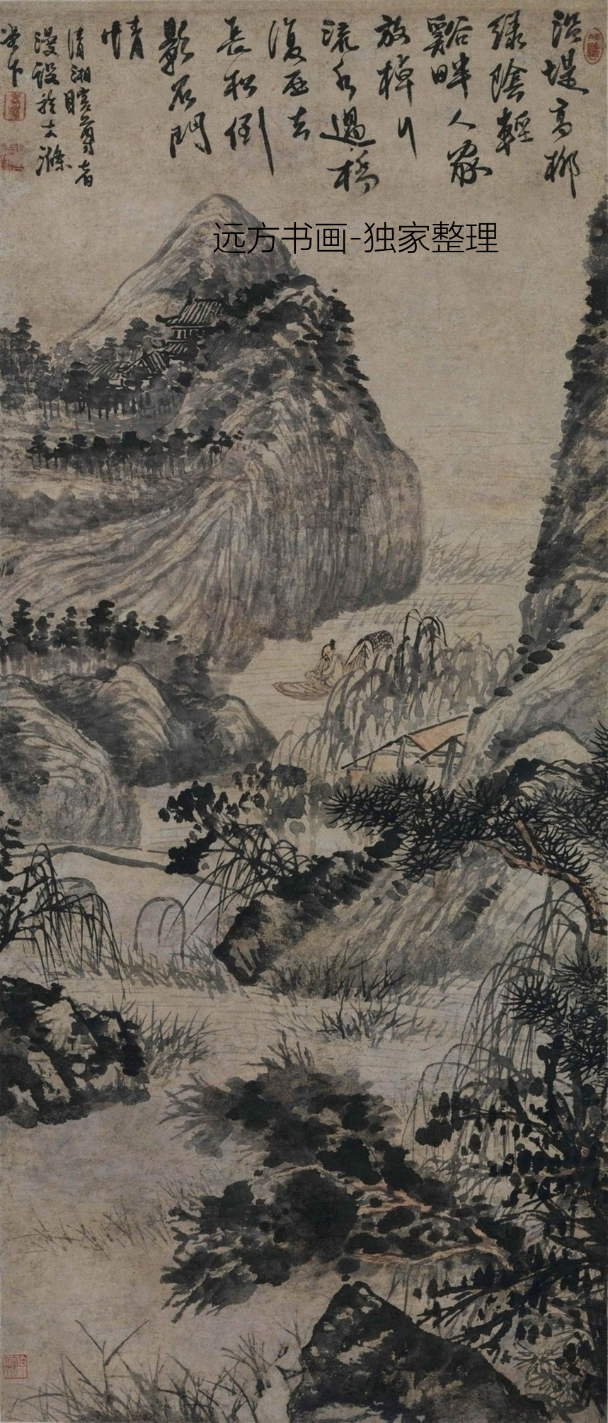 清朝代【石涛】《柳溪钓艇图》TIF高清大图中国画古画素材下载
