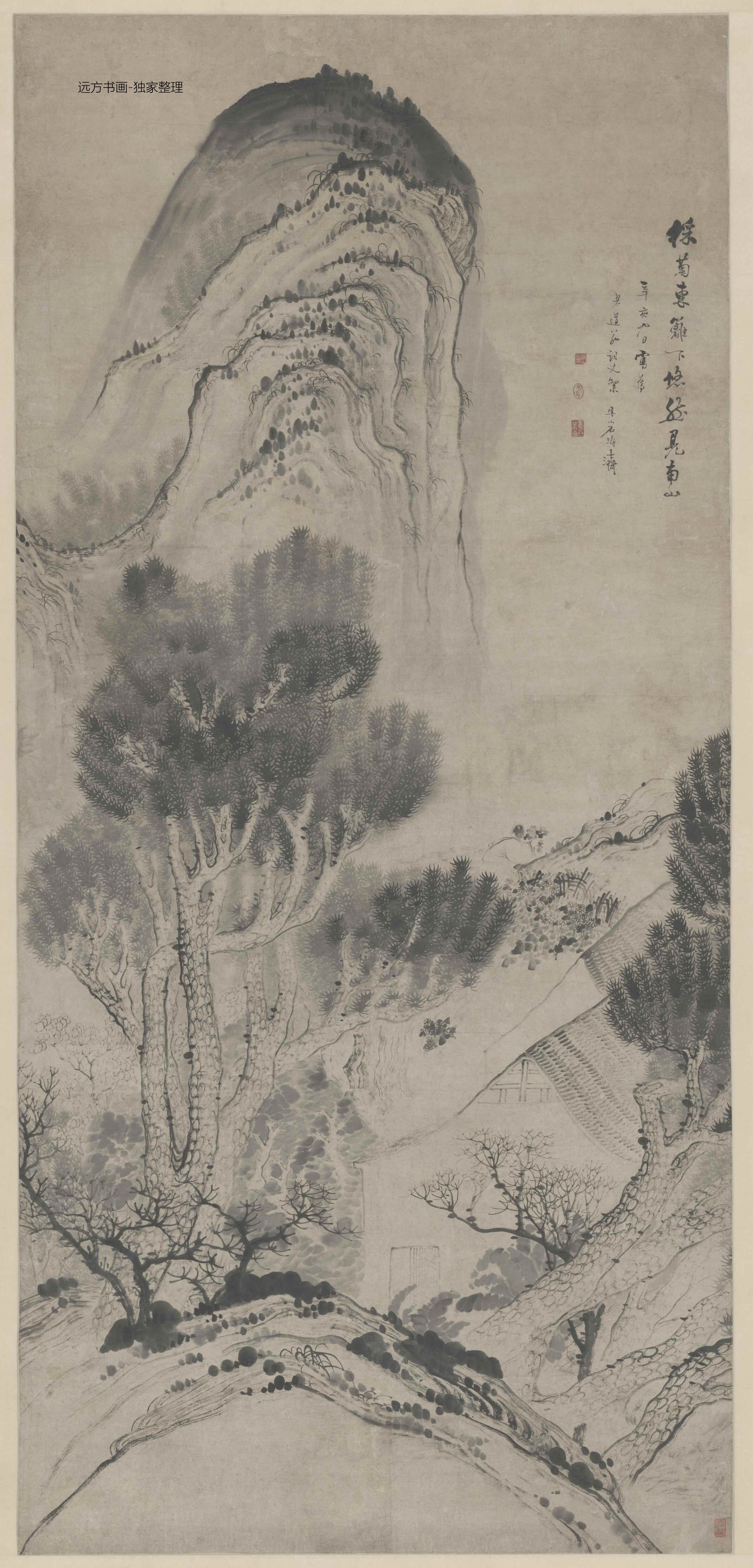 清朝代【石涛】《陶诗采菊图轴》TIF高清大图中国画古画素材下载