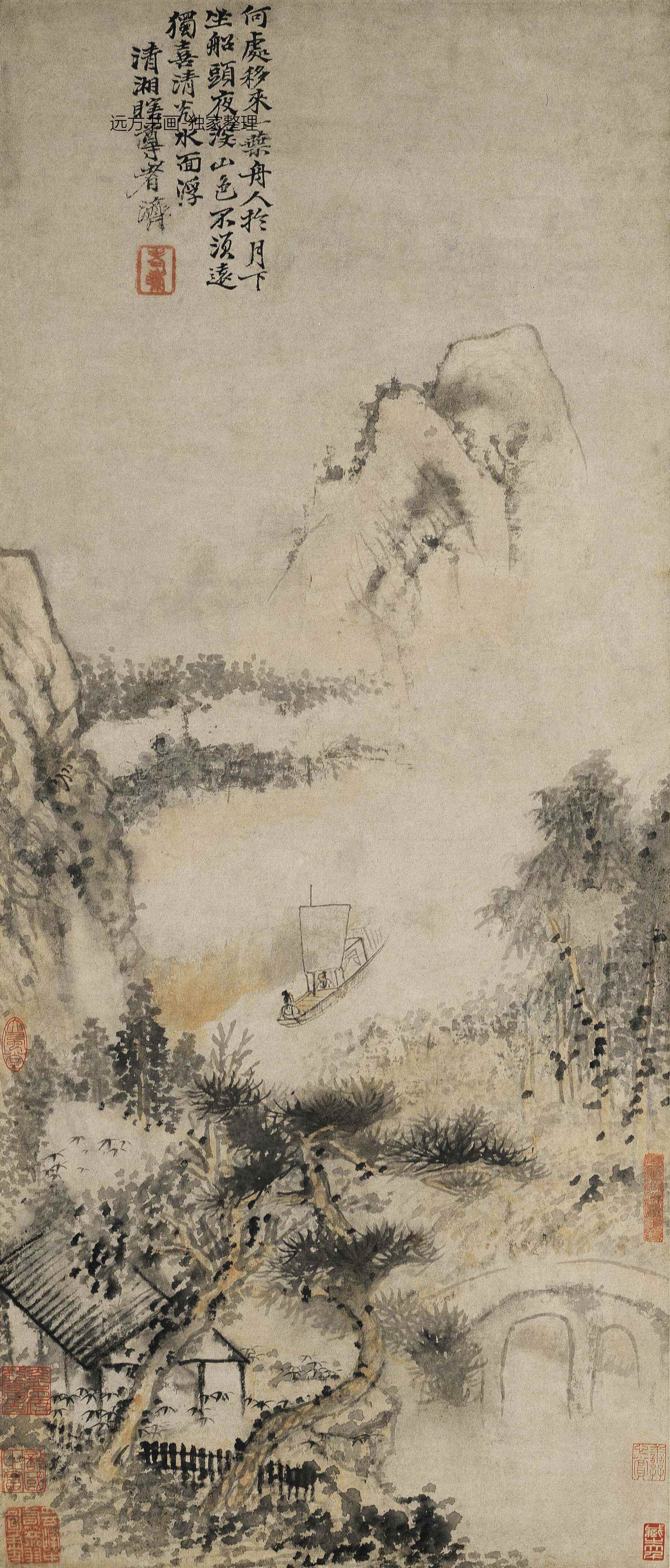 清朝代【石涛】《月夜泛舟图》TIF高清大图中国画古画素材下载